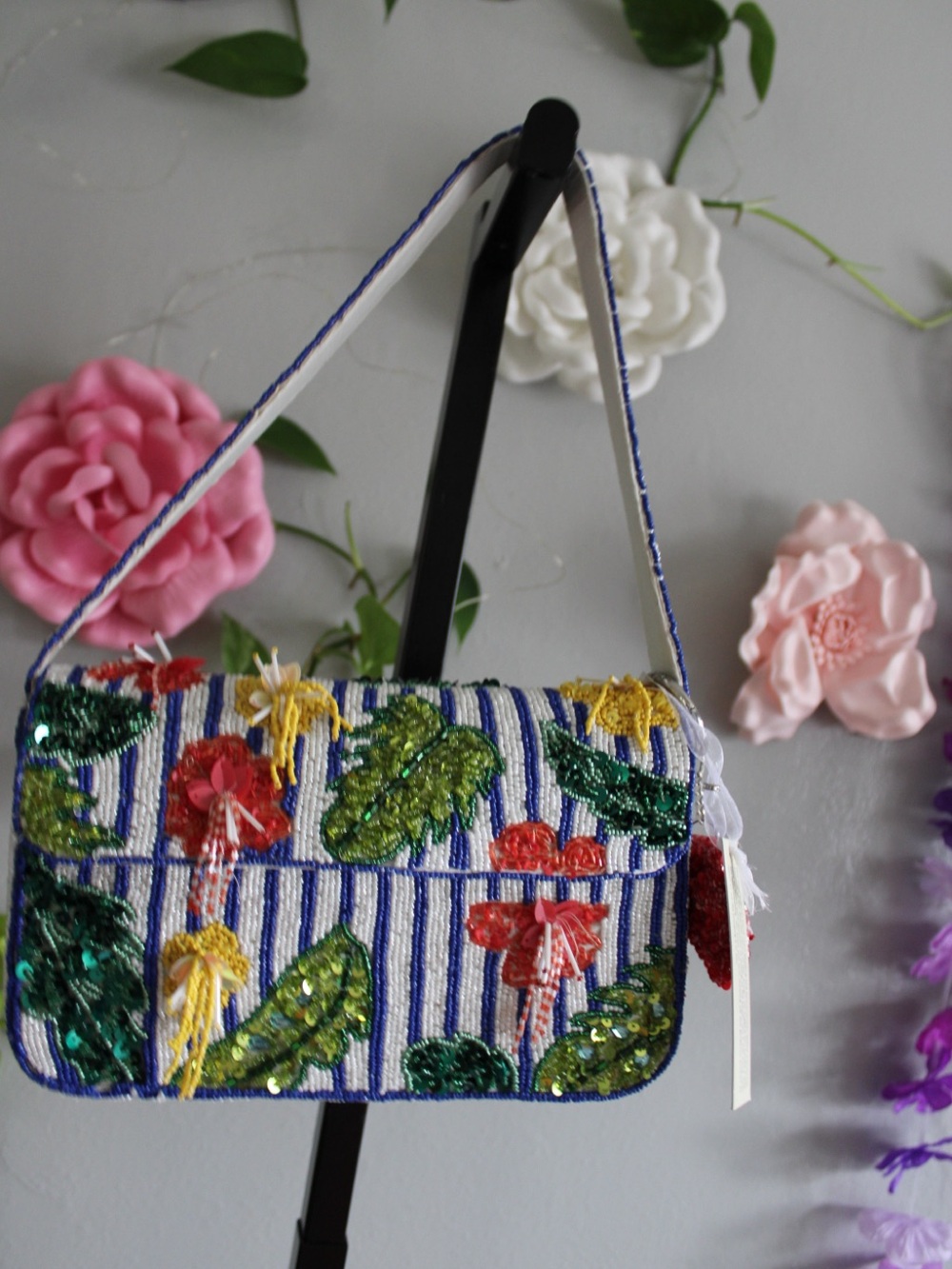 Beaded Floral Embellished Shoulder Bag - Multicolor - Picture 9 of 11